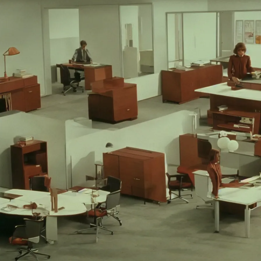 Image similar to a still of severance series indoor 7 0 s furniture office scenario appearing in a film of jacques tati