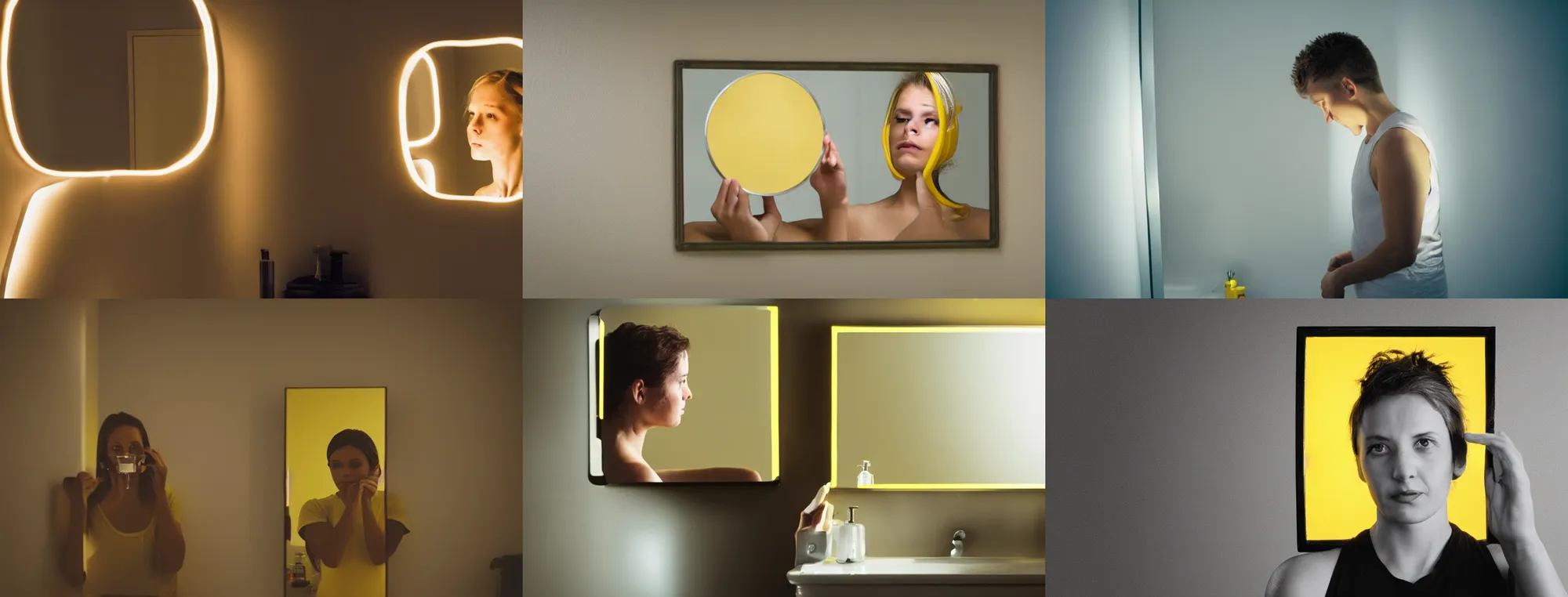 Prompt: stock photo of a person looking at the bathroom mirror, yellow dim lighting