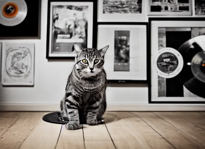 Prompt: photography of a Cat sitting on a record player. in a room full of posters, photorealistic, raining award winning photo, 100mm, sharp, high res