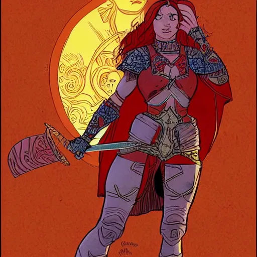 Prompt: Warrior princess with red armor in the style of Jean Giraud Moebius style