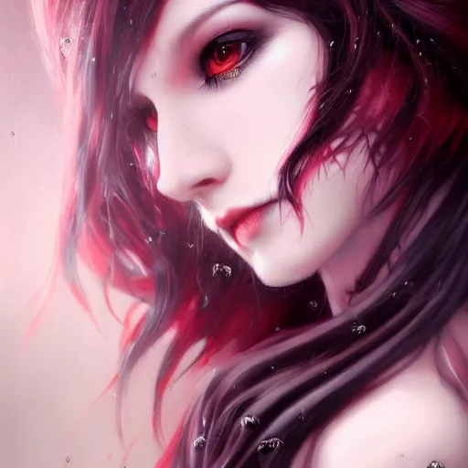 Prompt: beautiful vamipire, black flowing hair, red tattered dress, realistic character concept, beautiful girl, identical eyes, gazing eyes, beautiful eyes, medium shot, elegant pose, fantasy, illustration, slender symmetrical face and body, artstation, cinematic lighting, hyperdetailed, cgsociety, 8k, high resolution, Charlie Bowater, Tom Bagshaw, single face, insanely detailed and intricate, beautiful, elegant, golden ratio, dark fractal background, vfx, postprocessing, alluring, looking at you, angry eyes, etheral, glowing, magic