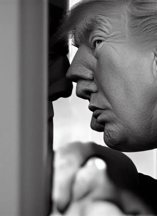 Image similar to screenshot from moody scene of Donald Trump looking out window, in High and Low, 1963 film directed by Akira Kurosawa, kodak film stock, black and white, anamorphic lens, 4K, detailed, stunning cinematography and composition shot by Takao Saito, 70mm