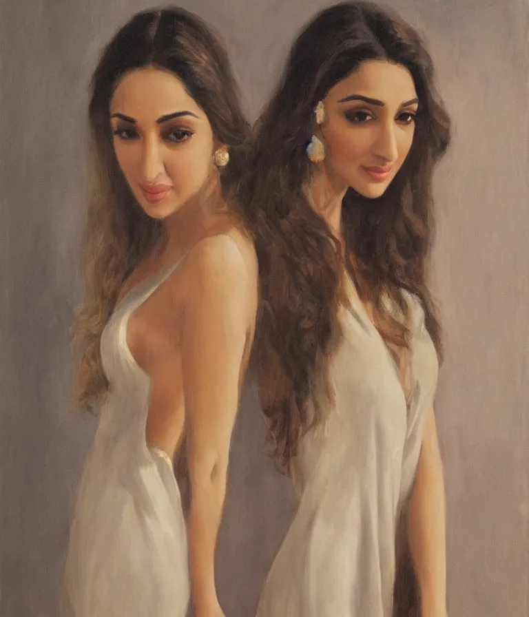 Image similar to Kiara Advani in V-neck minidress. history painting, dusk, flowy dress, artstation, oil on canvas, by Albert Aublet, Private Collection