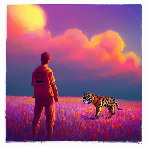 Image similar to a tiger watching a sunset, surreal photography, flower field, beautiful sunset on a summer day light, impressionist painting, colorful clouds, blue sky, digital painting, artstation, simon stalenhag