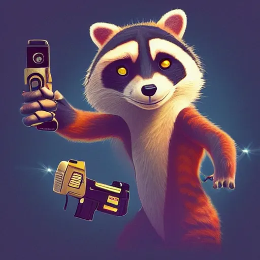 Image similar to “ racoon in the style of zootopia holding laser gun, floating alone, with a black background, digital art, award winning, trending on art station, retro style ”