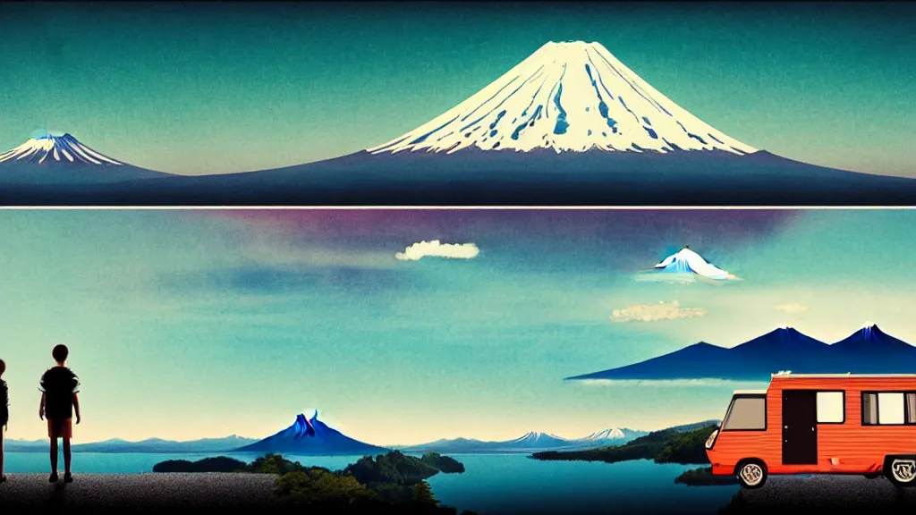 Image similar to a scene of two travellers and their camper touring overlook at the edge of yamanaka lake, reflecting mount fuji and a dramatic sky, japan, a collage painting, in the style of wes anderson, lola dupre, david hockney, isolated on negative white space background dark monochrome neon spraypaint accents volumetric octane render