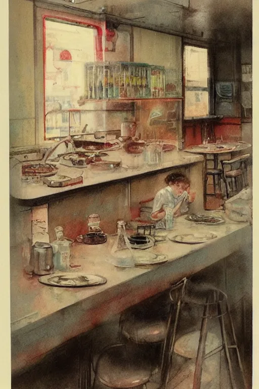 Image similar to ( ( ( ( ( 1 9 5 0 s diner. muted colors. ) ) ) ) ) by jean - baptiste monge!!!!!!!!!!!!!!!!!!!!!!!!!!!