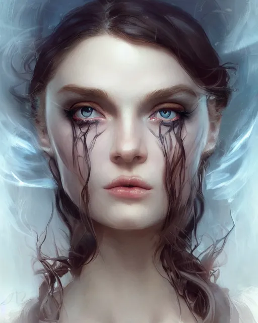 Image similar to portrait of demon girl, dreamy and ethereal, expressive pose, big blue eyes, exciting expression, fantasy, intricate, elegant, dark and moody smoke, highly detailed, digital painting, artstation, concept art, smooth, sharp focus, illustration, art by artgerm and greg rutkowski and ( alphonse mucha )