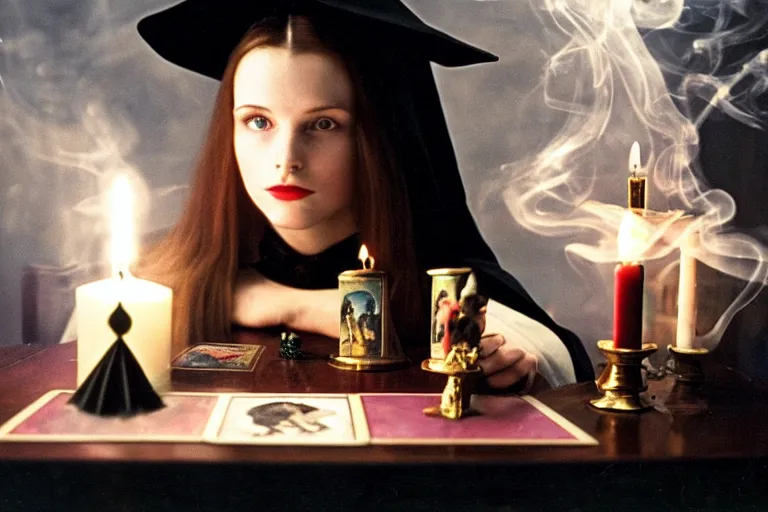 Prompt: 2 0 0 0's photo, close up portrait, dramatic lighting, concentration, calm confident teen witch and her cat, candles and tarot cards displayed on the table in front of her, incense smoke fills the air, a witch hat and cape, apothecary shelves in the background, still from harry potter, alphonse mucha