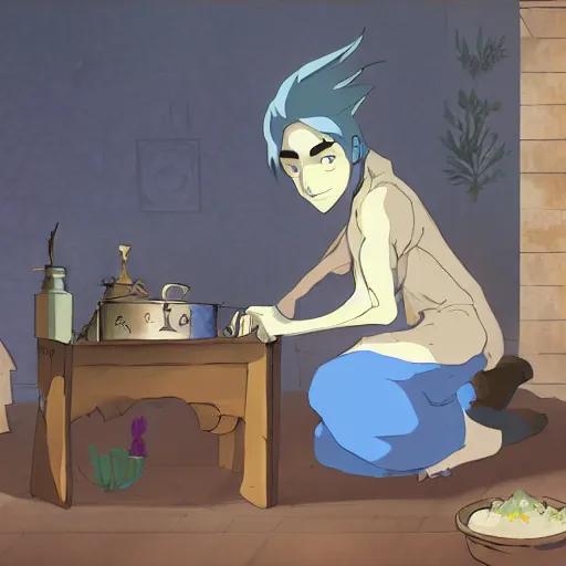 Image similar to concept art painting of an young man with blue skin, in a medieval living room, cooking rice, cel shaded, in the style of makoto shinkai and and studio ghibli