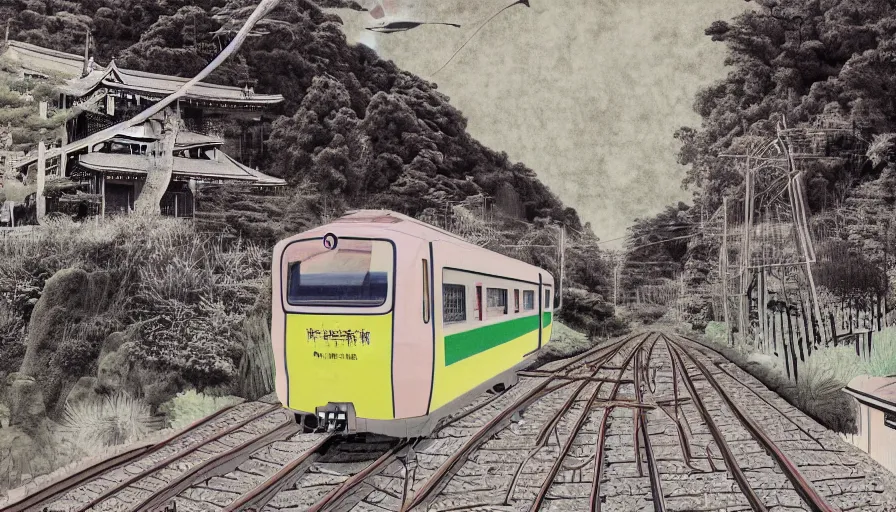 Image similar to Japan rural splendor rail travel and touring c2050, surrealist psychedelic photo-collage painting spot illustration in the style of Newsweek magazine, +81 magazine, minimalist clinical white negative space, clinical muted deep neon color, spot color and metallic inks clean slick design