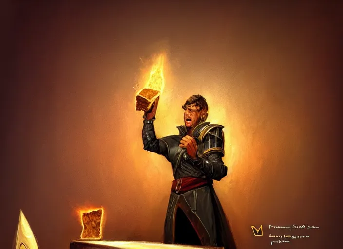 Image similar to magic : the gathering fantasy concept art of a piece of toast giving a speech at a podium, by marco bucci and frank frazetta, high resolution. a clear portrait of a regal piece of toast wearing royal clothing, giving a speech, podium, fantasy coloring, intricate, digital painting, artstation, smooth, sharp focus