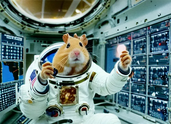 Image similar to film still of a hamster working for mission control at nasa, 8 k