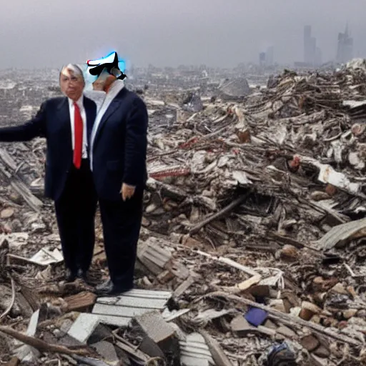 Image similar to a wide shot of Rudy Giuliani and Donald Trump holding hands on top of the world trade center rubble pile in new york