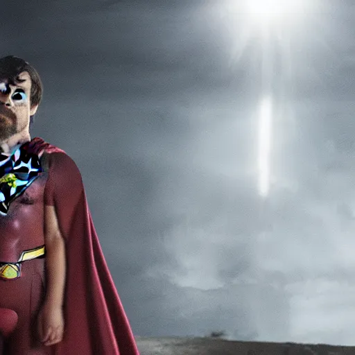 Image similar to stunning awe inspiring peter dinklage as superman, movie still 8 k hdr atmospheric lighting