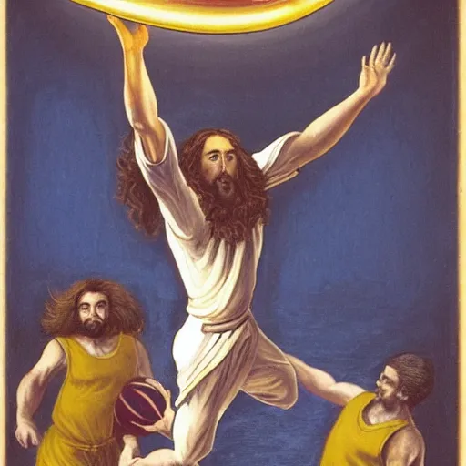 Image similar to Jesus Christ dunks a basketball over Satan
