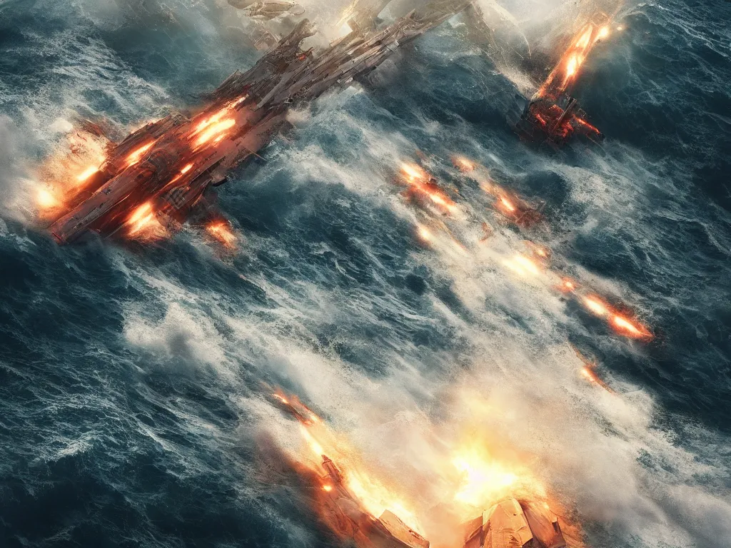 Image similar to breaking apart crashing damaged and on fire mecha battleship sailing alone on a stormy sea at sunset,large waves, explosions, battletech, octane render , aerial photo, cinematic