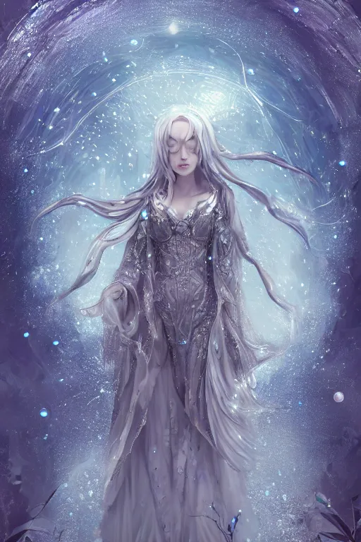 Prompt: a moon wizard dressed in intricate silver clothing surrounded by water particles above a serene pond, fantasy, wlop, trending on artstation, deviantart, anime key visual, official media, professional art, 8 k uhd