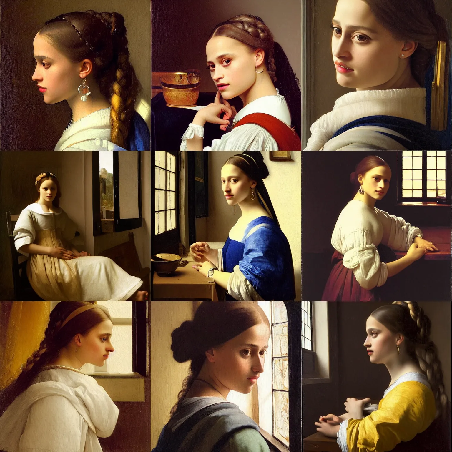 Prompt: https : / / s. mj. run / tqhjjn _ x 4 la a highly detailed, beautifully lit close portrait of a pretty, young alicia vikander resting her head on a table by an open window, oil painting portrait by vermeer and bouguereau and waterhouse