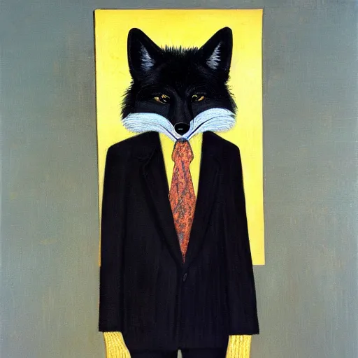 Image similar to portrait of a male anthro anthropomorphic black fox furry fursona with hands on eyes, wearing a suit, 1 9 7 0 s oil on canvas painting, by famous artist jylon denja