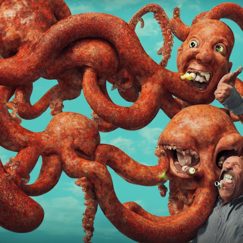 Image similar to a widescreen colorchrome portrait photo of a old happy screaming man holding a giant giant octopus with 6 eyes, style steve mccurry octane render 8 k