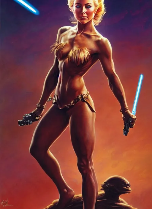 Image similar to a stunning medium shot portrait of julianne hough as a star wars slave girl, digital art by frank frazetta and boris vallejo and julie bell and moebius, highly detailed, trending on artstation, hq