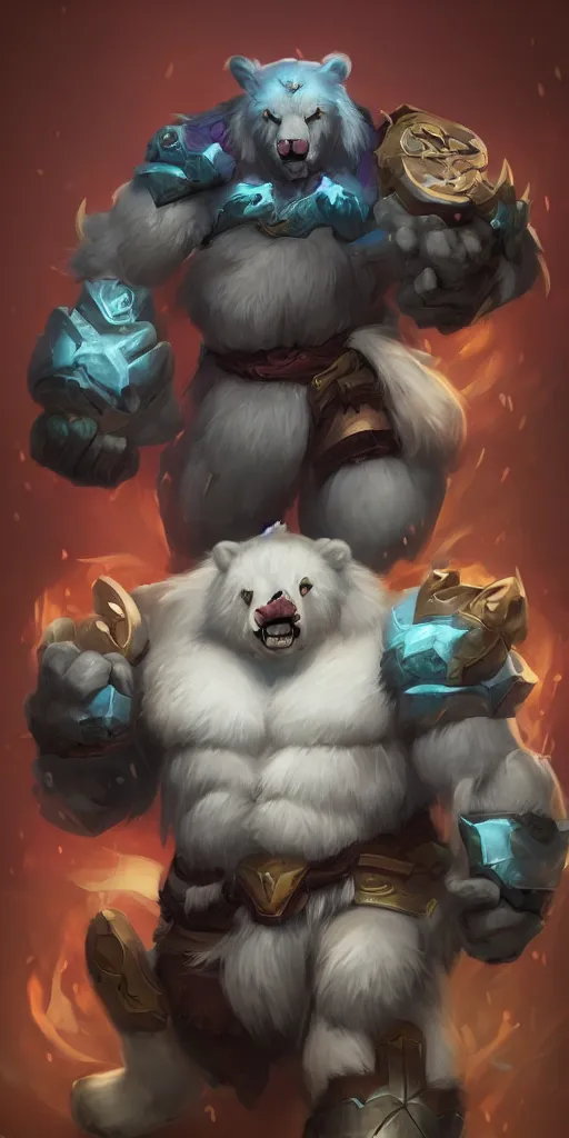 Image similar to volibear the white muscular wild bear with runes using storm on frejlord from league of legends trending on artstation bloom