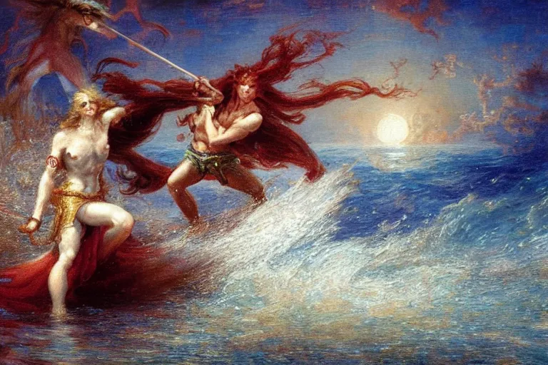 Image similar to painting of a mythical hero crossing the ocean on a small boat fighting a humanoid personification of a wave. a personification of the moon overlooks the fight. art by gaston bussiere.