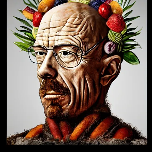 Image similar to giuseppe arcimboldo walter white, covered with fruits, unreal engine