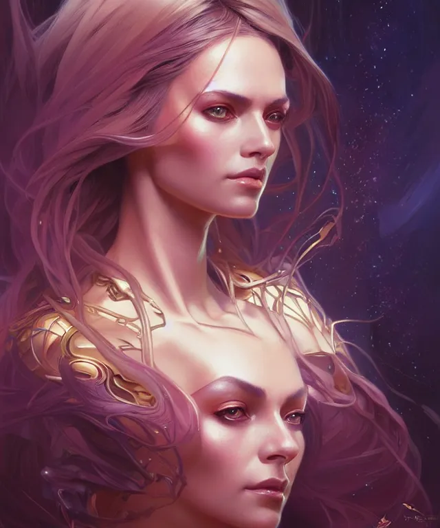 Image similar to futuristic woman portrait, sci-fi, amber eyes, face, long hair, fantasy, intricate, elegant, highly detailed, digital painting, artstation, concept art, smooth, sharp focus, illustration, art by artgerm and greg rutkowski and alphonse mucha