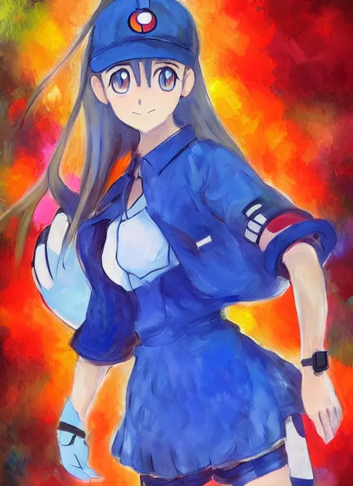 Image similar to a portrait of a female pokemon trainer, blue outfit, very anime in impressionist style, anime trending artwork, anime painter studio, by claude monet