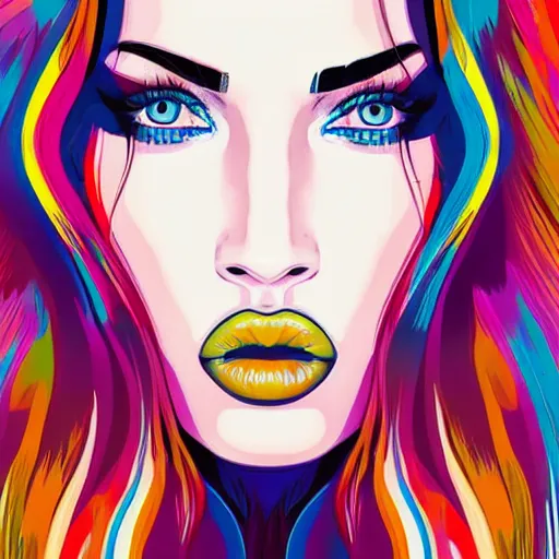 Prompt: megan fox colorful portrait, artwork by arunas kacinskas, graphic design, flat color and line, sketch, minimalistic, procreate, digital illustration, ipad pro, vector illustration, inky illustration, pastel, dribble portraits