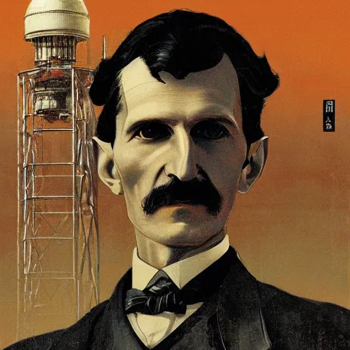 Prompt: portrait of nikola tesla in wardenclyffe tower, hanafuda oil on canvas by ivan shishkin, james jean and yoji shinkawa