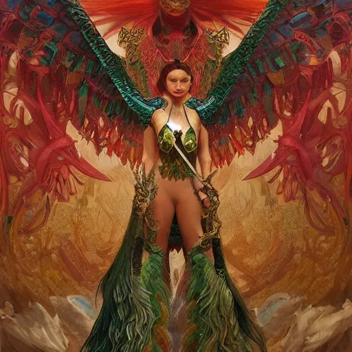 Prompt: quetzalcoatl in an epic battle with garuda, fantasy, d & d, intricate, elegant, highly detailed, digital painting, artstation, concept art, matte, sharp focus, illustration, art by john collier and albert aublet and krenz cushart and artem demura and alphonse mucha