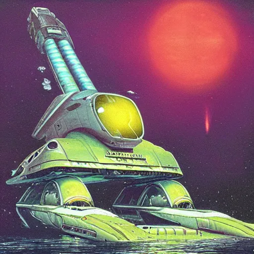 Prompt: big weird spaceship at the bottom of the ocean, chris foss, peter elson, angus mckie, terran trade authority