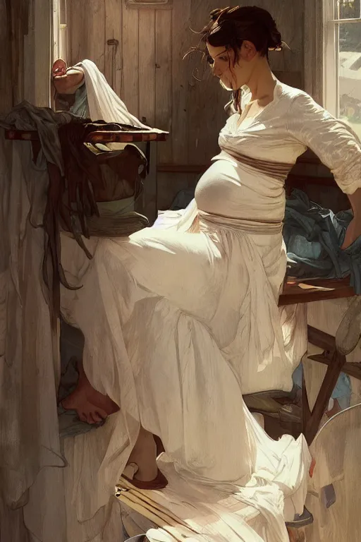 Image similar to portrait of rural pregnant woman doing laundry, digital painting, artstation, concept art, smooth, sharp focus, illustration, art by artgerm and greg rutkowski and alphonse mucha