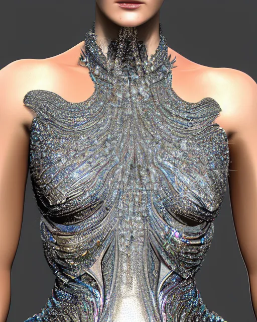 Image similar to a highly detailed metahuman 8 k close up render of bella hadid renaissance in iris van herpen dress schiaparelli in diamonds crystals swarovski and jewelry iridescent in style of alphonse mucha trending on artstation made in unreal engine 4