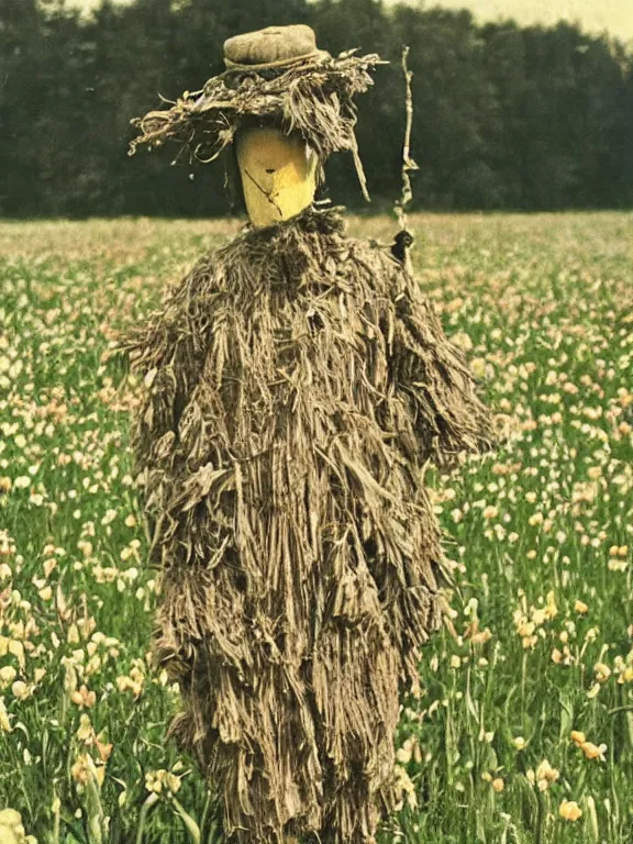 Prompt: human-like scarecrow wearing torn military clothes in beautiful meadow of flowers, ww1 photo, grainy, high detail, high resolution,