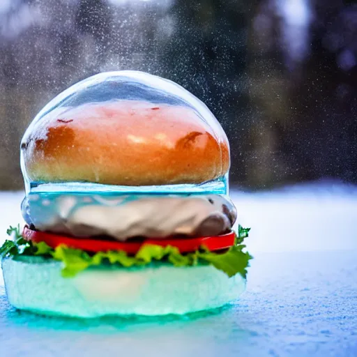 Image similar to a clear ice sculpture of a burger made entirely of ice, 4 k