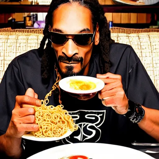 Image similar to Snoop Dog eating ramen in a restaurant