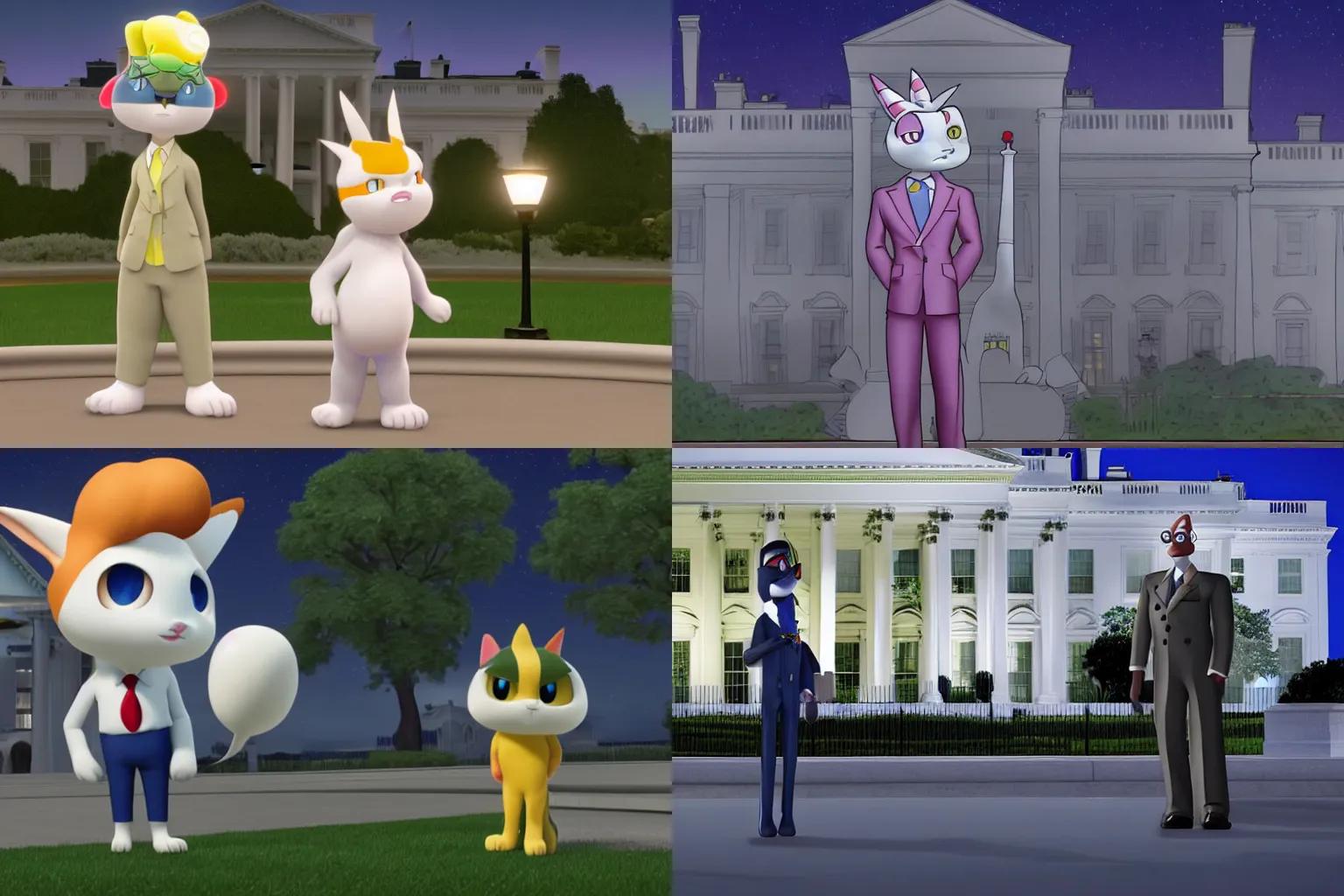 Prompt: nighttime shot of president meowth wearing double breasted suit standing in front of white house looking at camera high resolution pixar