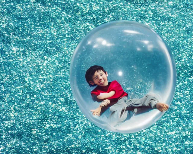 Prompt: boy floating gently down from the sky in a plastic wrapped bubble. aerial footage.