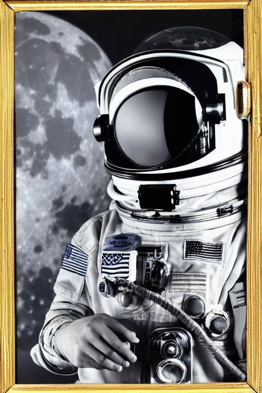 Image similar to extremely detailed studio portrait of space astronaut, holds a smart phone in one hand, phone!! held up to visor, reflection of phone in visor, moon, extreme close shot, soft light, golden glow, award winning photo by diane arbus
