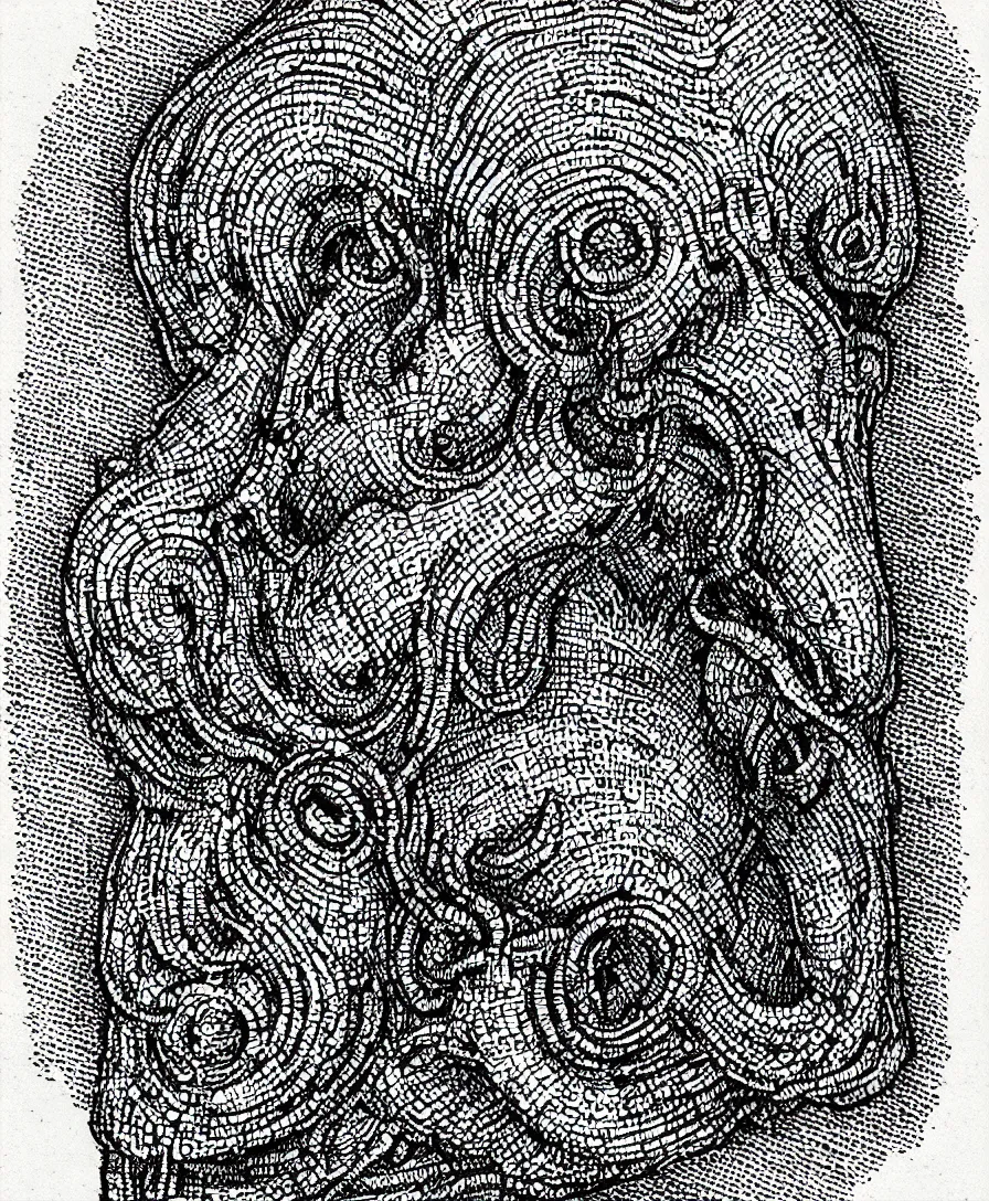 Prompt: ultradetailed halftone print, anatomical cross-section of an illithid mindflayer