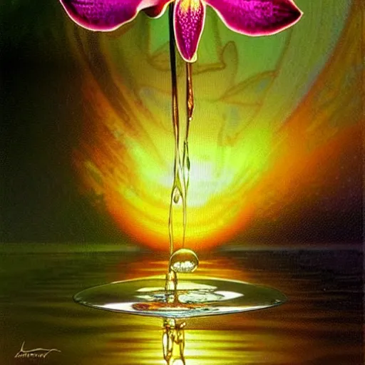 Prompt: intricate orchid flower, lsd water reflection, transparent droplets, backlit, sunset, refracted lighting, art by collier, albert aublet, krenz cushart, artem demura, alphonse mucha