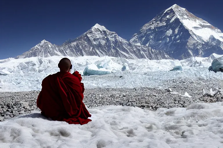 Prompt: cinematography a monk meditating in front of Mount Everest by Emmanuel Lubezki