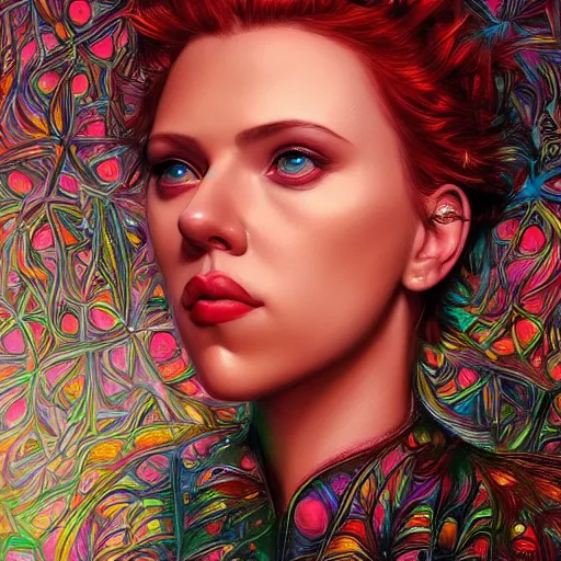 Image similar to portrait of scarlett johansson, hyper detailed masterpiece, neon floral pattern, jean giraud, digital art painting, darkwave goth aesthetic, psychedelic, artgerm, donato giancola and tom bagshaw