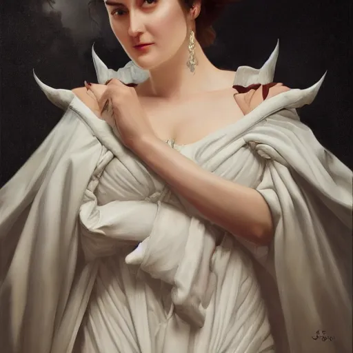 Image similar to Marian Rivera as a pure white devil, oil on canvas, noir effect, artstation, by J. C. Leyendecker and Edmund Blair Leighton and Charlie Bowater