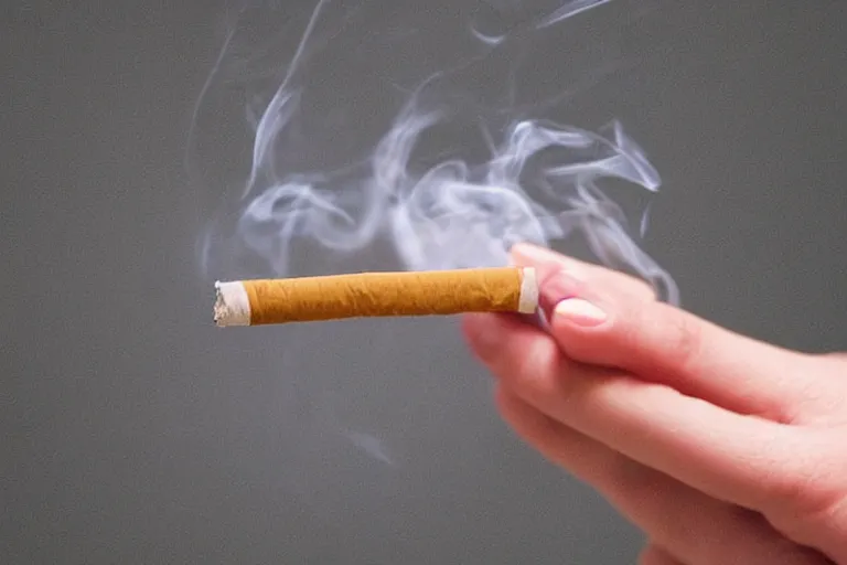 Prompt: Close-up of thin soft hand holding cigarette, with smoke, hand with five fingers, hyper realistic, high details, photo, super resolution