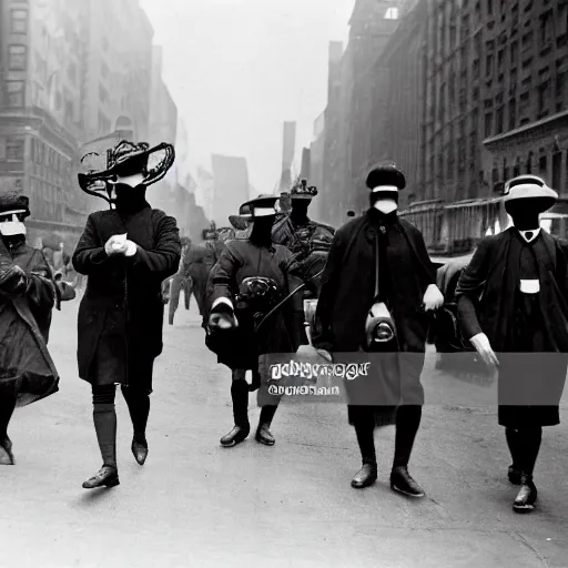 Image similar to old black and white photo, 1 9 1 3, depicting masked watchmen walking through the bustling streets of new york city, historical record